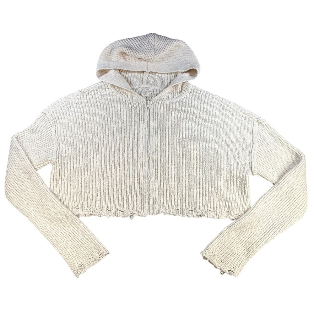 Full Tilt Cropped Knit Hoodie Sweater Womens M Ivory Zip Up Distressed Hem Y2K